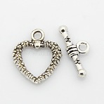 Tibetan Style Alloy Heart Toggle Clasps, Antique Silver, Heart: 20x16~17x2mm, Hole: 2mm, Bar: 20x8x2mm, Hole: 2mm(PALLOY-J471-14AS)