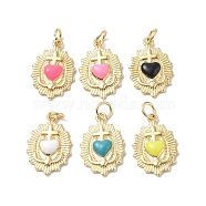 Eco-Friendly Rack Plating Brass Enamel Pendants, Real 18K Gold Plated, with Jump Ring, Sacred Heart of Jesus Charm, Mixed Color, 19.5x13x3mm, Jump Ring: 5x0.8mm, 3.4mm Inner Diameter(KK-F845-32G)