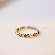 Natural Rainbow Tourmaline Round Beaded Finger Rings, Golden, US Size 7(17.3mm)(WGDC3AE-02)