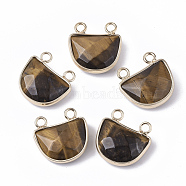 Natural Tiger Eye Semi Circle Pendants, with Golden Tone Brass Open Back Bezel, Faceted, Half Round, 18x17.5x6.5mm, Hole: 2mm(G-S359-011C)