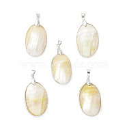 Natural Sea Shell Pendants, Oval Charms, with Platinum Plated Brass and Alloy Findings, 43.5~46x20.5~23x13.5~14.5mm, Hole: 4x5.5mm(SHEL-F005-04P)