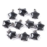 Natural Black Stone Pendants, Star Charm with 201 Stainless Steel Snap on Bails, Stainless Steel Color, 20~21x17~19x7~8mm, Hole: 6x3mm(G-Q172-09P-02)