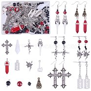 DIY Gothic Earring Making Kit, Including Bullet & Bat & Cross & Axe & Blade Glass & Alloy & Brass Charms & Link Connectors, Iron Earring Hooks & Stud Earring Findings, Glass & Acrylic Beads, Antique Silver & Platinum(DIY-SZ0009-44)