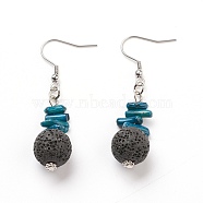 Natural Lava Rock Dangle Earrings, with Synthetic Gemstones, Alloy Spacer Beads and Stainless Steel Earring Hooks, Round, Black, 55~56mm, Pin: 0.7mm(EJEW-E260-B13)
