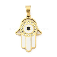 304 Stainless Steel Charms, with Rhinestone and Enamel, Real 18K Gold Plated, Evil Eye Charm, Hamsa Hand, White, 28x19.5x2mm, Hole: 6x4mm(STAS-M341-01G-10)