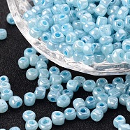 6/0 Glass Seed Beads, Ceylon, Round, Round Hole, Pale Turquoise, 6/0, 4mm, Hole: 1.5mm, about 500pcs/50g, 50g/bag, 18bags/2pounds(SEED-US0003-4mm-143)
