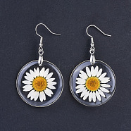 Alloy Resin Dried Flower Dangle Earrings, with Platinum Plated Brass Earring Hooks, Clear, 57mm, Pin: 0.7mm(X-EJEW-JE03142)