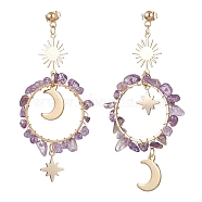 Vintage Natural Amethyst Ear Studs, with 304 Stainless Steel Findings, Ring with Moon, 73x34mm(EJEW-JE05806-03)