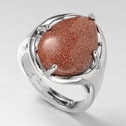Teardrop Platinum Tone Brass Gemstone Adjustable Wide Band Rings, Synthetic Goldstone, 18mm, Tray: 20x17mm(RJEW-L062-02H)