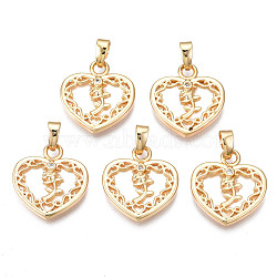 Brass Micro Pave Clear Cubic Zirconia Pendants, with Shell, Cadmium Free & Nickel Free & Lead Free, Heart with Flower, Real 18K Gold Plated, 17x15.5x2.5mm, Hole: 2.5x5mm(KK-N233-166)