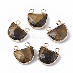 Natural Tiger Eye Semi Circle Pendants, with Golden Tone Brass Open Back Bezel, Faceted, Half Round, 18x17.5x6.5mm, Hole: 2mm(G-S359-011C)