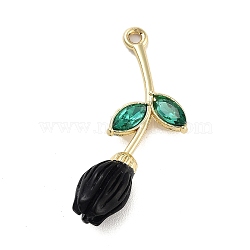 Alloy Resin Flower Pendants, Rose Charms with Glass Leaf, Golden, Black, 32.5x14.5x7.5mm, Hole: 1.6mm(PALLOY-U003-06G-04)