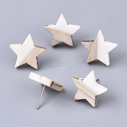 Resin & Wood Stud Earrings, with 304 Stainless Steel Pin, Star, Creamy White, 17x18mm, Pin: 0.7mm(EJEW-N017-001A-C06)