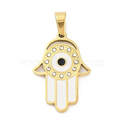 304 Stainless Steel Charms, with Rhinestone and Enamel, Real 18K Gold Plated, Evil Eye Charm, Hamsa Hand, White, 28x19.5x2mm, Hole: 6x4mm(STAS-M341-01G-10)