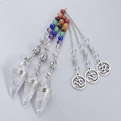 Chakra Jewelry Natural Quartz Crystal Cone Dowsing Pendulums, with Brass Finding and Alloy Chain, Antique Silver, 235~245x2.5mm(X-G-G771-E07)