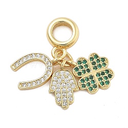 Brass Micro Pave Cubic Zirconia Pendants, Long-Lasting Plated, Cadmium Free & Lead Free, Four Leaf Clover, Palm Charms, Real 18K Gold Plated, 12~12.5x7.5~10x1.5mm, Hole: 5mm(KK-Q006-63G)