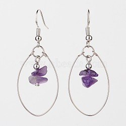 Natural Amethyst Dangle Earrings, with Steel Memory Wire and Brass Earring Hooks, Platinum, 50mm(X-EJEW-JE02150-03)