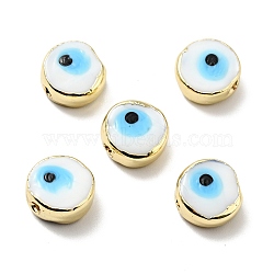 Handmade Evil Eye Lampwork Beads, with Brass Findings, Flat Round, White, 11.5x6mm, Hole: 1.6mm(LAMP-G143-05LG-E)