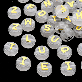 Luminous Acrylic Beads, Horizontal Hole, Flat Round with Random Mixed Letters, Goldenrod, 10x6mm, Hole: 2mm
