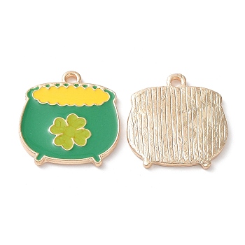 Alloy Pendants, with Enamel, Light Gold, Cauldron Kettle with Clover Charms, for Saint Patrick's Day, Medium Sea Green, 23x21.5x2mm, Hole: 2mm