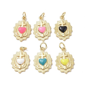 Eco-Friendly Rack Plating Brass Enamel Pendants, Real 18K Gold Plated, with Jump Ring, Sacred Heart of Jesus Charm, Mixed Color, 19.5x13x3mm, Jump Ring: 5x0.8mm, 3.4mm Inner Diameter