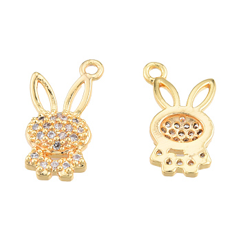 Brass Micro Pave Clear Cubic Zirconia Charms, Nickel Free, Rabbit, Real 18K Gold Plated, 14x7.5x2.5mm, Hole: 1mm