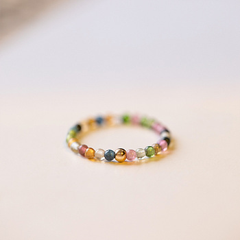 Natural Rainbow Tourmaline Round Beaded Finger Rings, Golden, US Size 7(17.3mm)