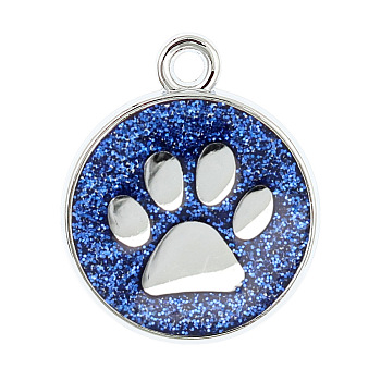 Enamel Charms, with Platinum Plated Alloy Findings and Glitter Powder, Flat Round with Dog Paw Prints, Blue, 23x19x2.1mm, Hole: 2.1mm