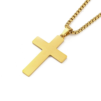 Vacuum Plating 201 Stainless Steel Pendant Necklaces for Man, Cross, Real 18K Gold Plated, 23.50 inch(59.7cm), Cross: 38.5x25x1.3mm