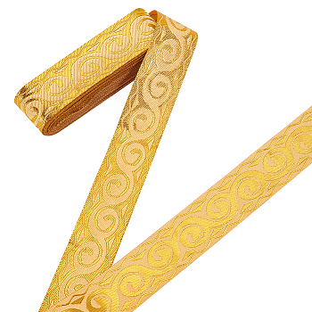 7M Polyester Jacquard Floral Ribbons, Garment Accessories, Gold, 1-1/8~1-1/4 inch(30~33mm), about 7.66 Yards(7m)/Bundle