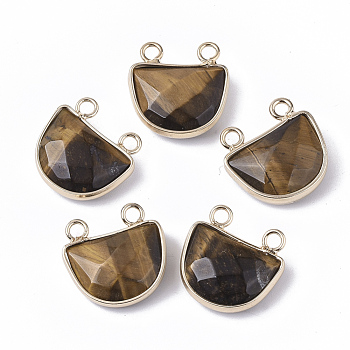 Natural Tiger Eye Semi Circle Pendants, with Golden Tone Brass Open Back Bezel, Faceted, Half Round, 18x17.5x6.5mm, Hole: 2mm