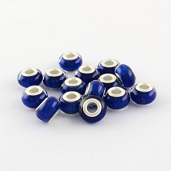 Large Hole Resin European Beads, with Silver Color Plated Brass Double Cores, Rondelle, Dark Blue, 14x9mm, Hole: 5mm