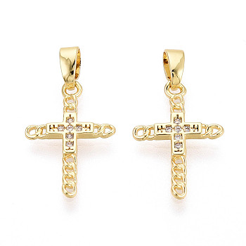 Brass Micro Pave Clear Cubic Zirconia Pendants, Cross Charms, Real 18K Gold Plated, 18x12.5x1.5mm, Hole: 4.5x2mm