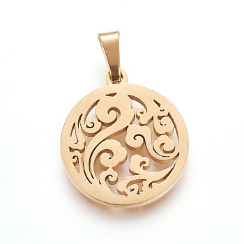 304 Stainless Steel Pendants, Flat Round with Cloud, Golden, 19~20x16~17x1.5mm, Hole: 5x2.5mm