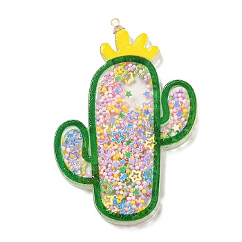 Oil Hourglass Beads Acrylic Pendants, Golden, Cactus, 62x43x5mm, Hole: 1.6mm