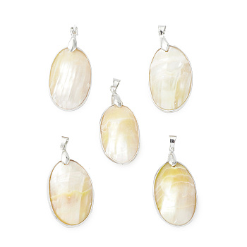 Natural Sea Shell Pendants, Oval Charms, with Platinum Plated Brass and Alloy Findings, 43.5~46x20.5~23x13.5~14.5mm, Hole: 4x5.5mm