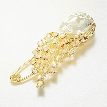 Alloy Glass Rhinestone Brooches, Peacock, Golden, 76.5x32mm, Pin: 1.8mm