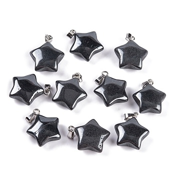 Natural Black Stone Pendants, Star Charm with 201 Stainless Steel Snap on Bails, Stainless Steel Color, 20~21x17~19x7~8mm, Hole: 6x3mm