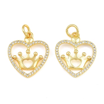 Brass Micro Pave Clear Cubic Zirconia Pendants, Heart with Crown Charms, Long-Lasting Plated, Rack Plating, Cadmium Free & Lead Free, Golden, 21x18x3mm, Hole: 4mm