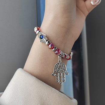Alloy Turkiye Hamsa Hand Pendant Bracelets, Blue Evil Eye Beaded Jewelry for Women