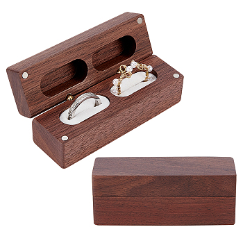2-Slot Rectangle Black Peach Wood Couple Ring Box, Flip Cover Box, with Magnetic Clasps and Alloy Findings, for Wedding, White, 3.2x9.65x3.75cm
