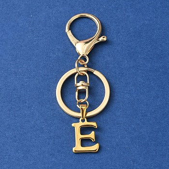 304 Stainless Steel Initial Letter Charm Keychains, with Alloy Clasp, Golden, Letter E, 8.5cm