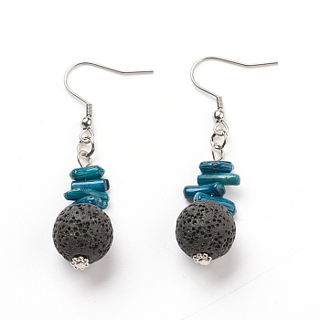 Natural Lava Rock Dangle Earrings, with Synthetic Gemstones, Alloy Spacer Beads and Stainless Steel Earring Hooks, Round, Black, 55~56mm, Pin: 0.7mm
