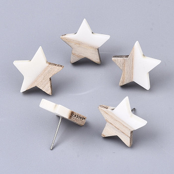 Resin & Wood Stud Earrings, with 304 Stainless Steel Pin, Star, Creamy White, 17x18mm, Pin: 0.7mm