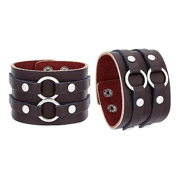 PU Wrap Cord Bracelet, Alloy Double Ring Link Wide Wristband with Iron Clasp for Men Women, Coffee, 9-1/4 inch(23.6cm)