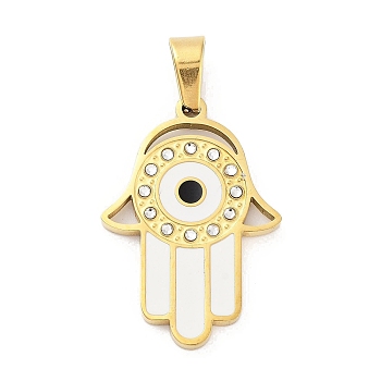 304 Stainless Steel Charms, with Rhinestone and Enamel, Real 18K Gold Plated, Evil Eye Charm, Hamsa Hand, White, 28x19.5x2mm, Hole: 6x4mm