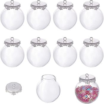 Glass Empty Wishing Bottle Pendants, with Silver Tone Brass Covers, DIY Vials for Pendant Decorations, Round, Clear, 2.5x3.1cm, Hole: 2mm