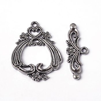 Tibetan Style Flower Toggle Clasps, Cadmium Free & Nickel Free & Lead Free, Antique Silver, Flower: 38x29x2.5mm, Hole: 2mm, Bar: 36x13x3mm, Hole: 2mm, about 4pcs/32g