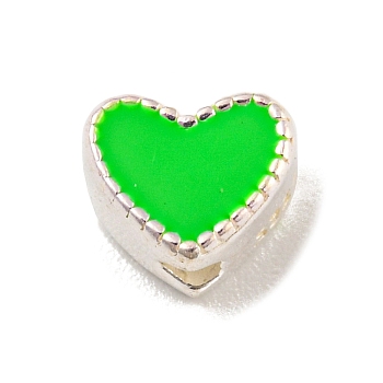 Heart Shape Silver 925 Sterling Silver Beads, with Enamel, with S925 Stamp, Lime, 5.5x6.5x4mm, Hole: 1.2mm