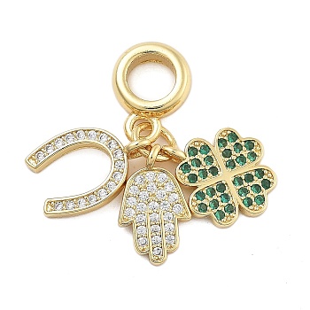 Brass Micro Pave Cubic Zirconia Pendants, Long-Lasting Plated, Cadmium Free & Lead Free, Four Leaf Clover, Palm Charms, Real 18K Gold Plated, 12~12.5x7.5~10x1.5mm, Hole: 5mm